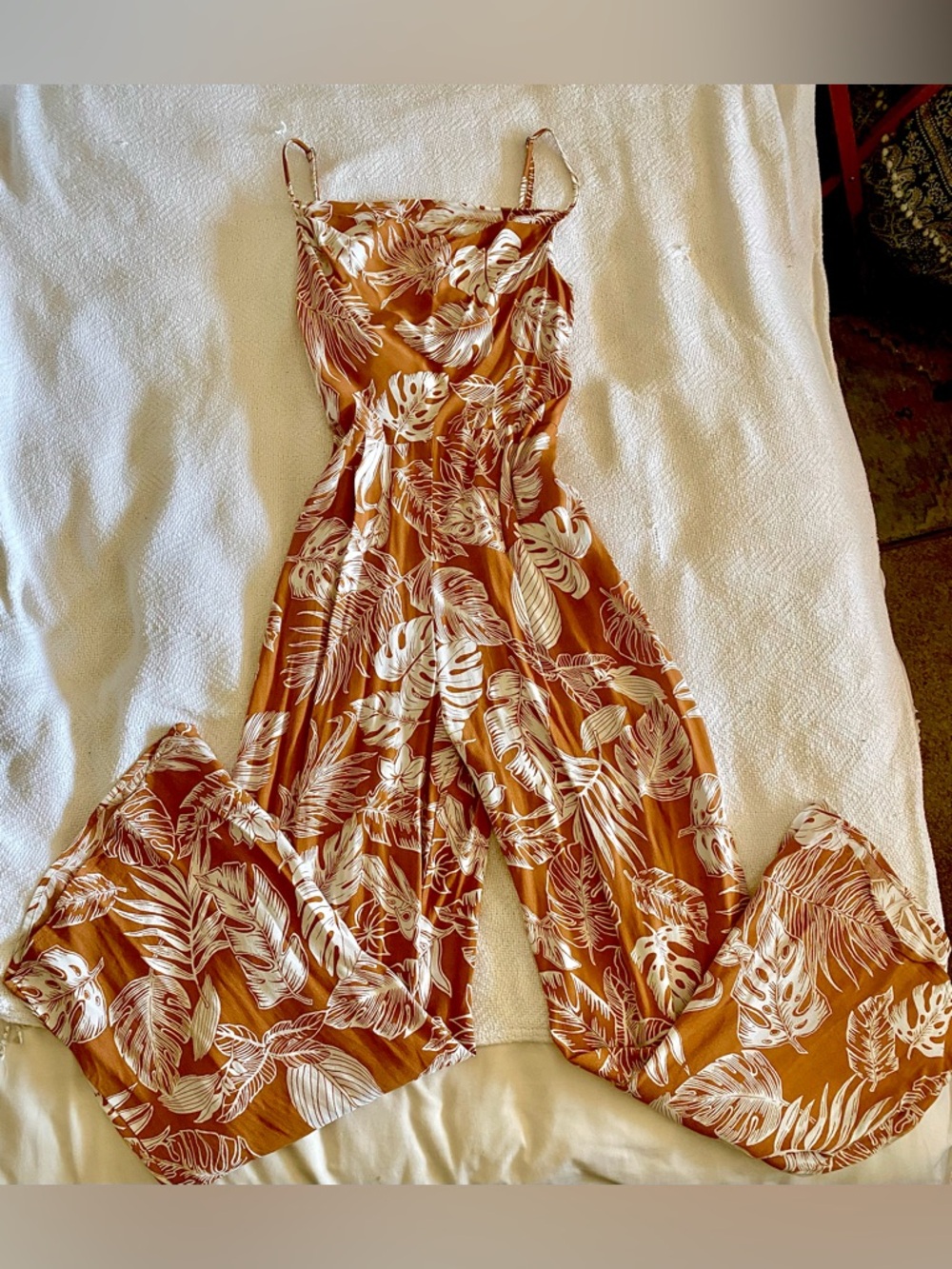 Moon River Terracotta Leaf Wide-Leg Jumpsuit with Pockets